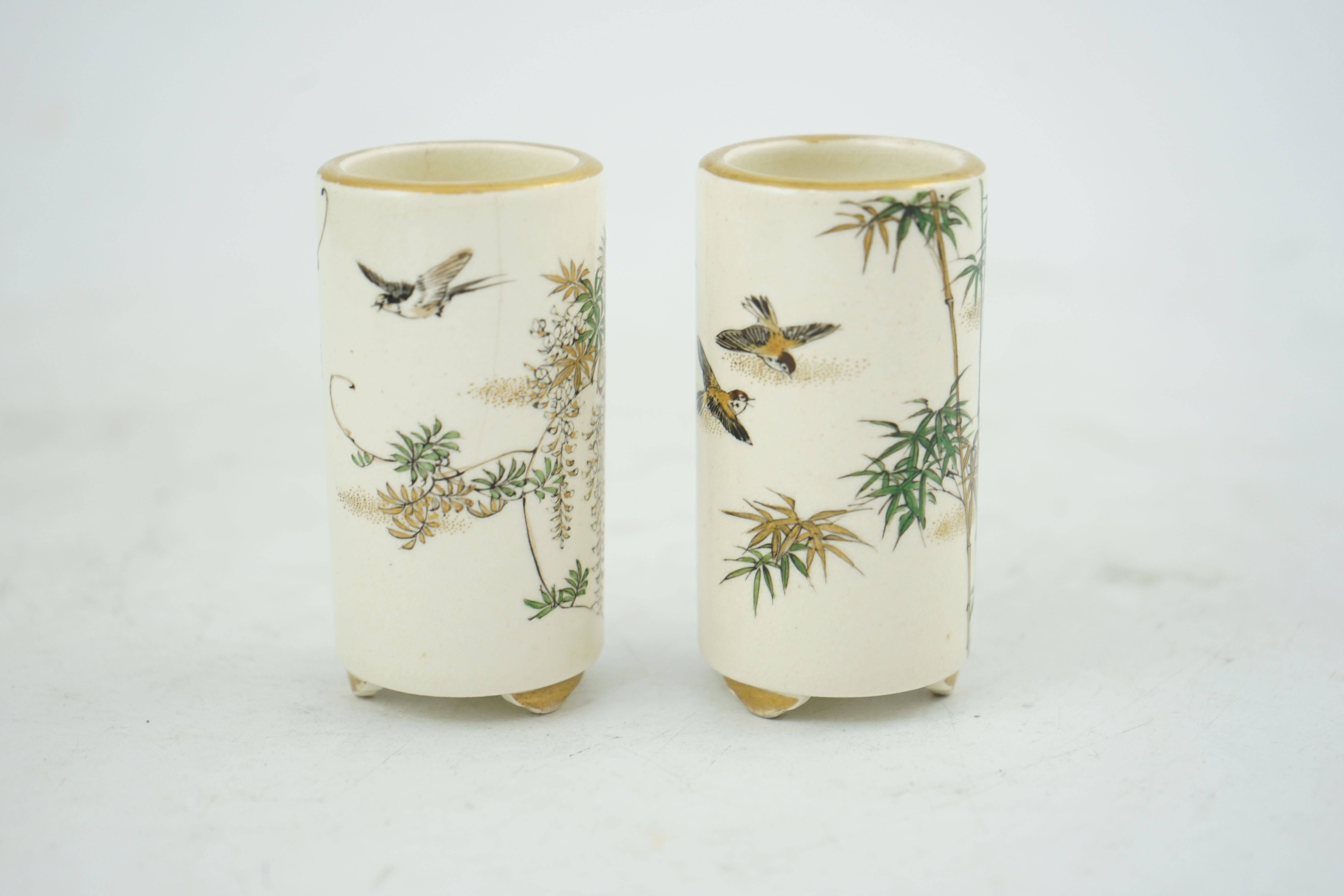 A pair of Japanese Satsuma miniature cylindrical vases, by Kinkozan, early 20th century